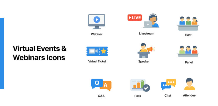 Virtual events and webinars icons set with modern illustrations