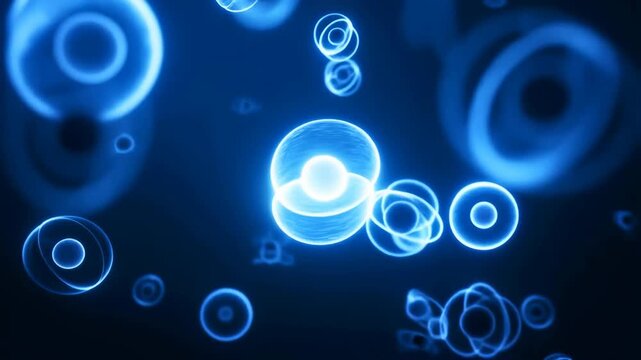 Atoms glowing blue with concentric rings orbiting a central nucleus in a dark, digital space, science animation.