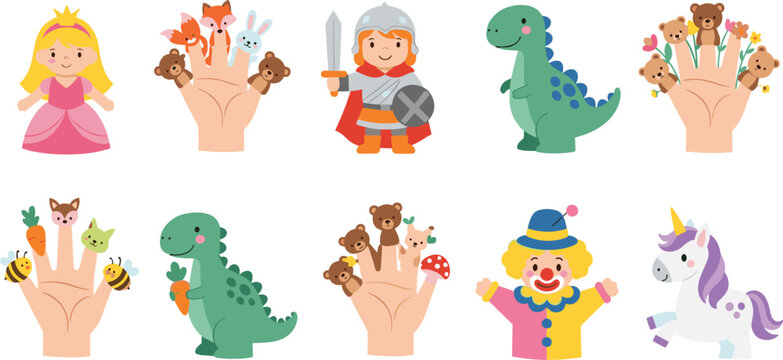 Kids toys and finger puppets collection princess knight dinosaur clown unicorn cartoon vector illustration set