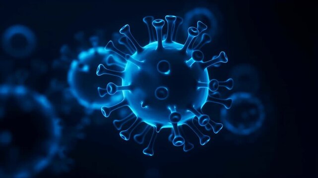 Virus particle with spike proteins in blue glow, microscopic view, 3D render featuring microorganism, cell, infection with disease and contagion