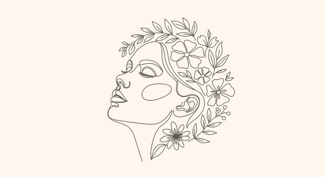 Elegant Woman Face with Flowers and Leaves Line Art
