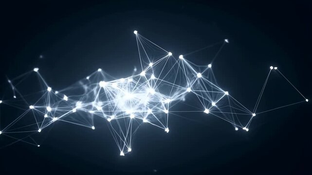 Network abstract with glowing nodes and connecting lines in 3D space on dark background, digital connection concept.