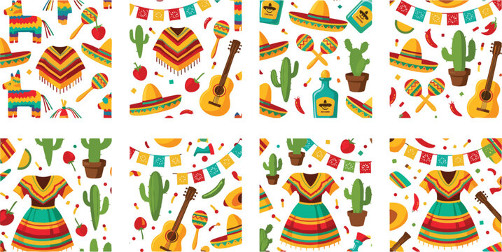 Mexican fiesta seamless patterns collection with sombrero guitar cactus chili and traditional decorations vector illustration set