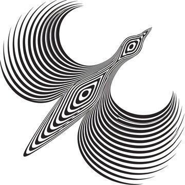 Stylized bird in flight, abstract wing pattern, modern graphic design, bold black and white stripes create a dynamic and eye-catch