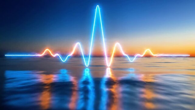 A serene body of water reflects vibrant orange, yellow and blue hues of a setting sun, with a stylized blue and orange waveform pattern superimposed