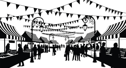 Obraz premium Black silhouette of a festive outdoor market with bunting flags, street lamps, food stalls, and crowds of people shopping isolated on white background. (24 words)