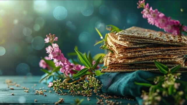 Traditional Matzah, unleavened bread, presented on a vibrant Seder table with elegant spring flowers, embodying the Jewish Passover holiday and its rich cultural heritage