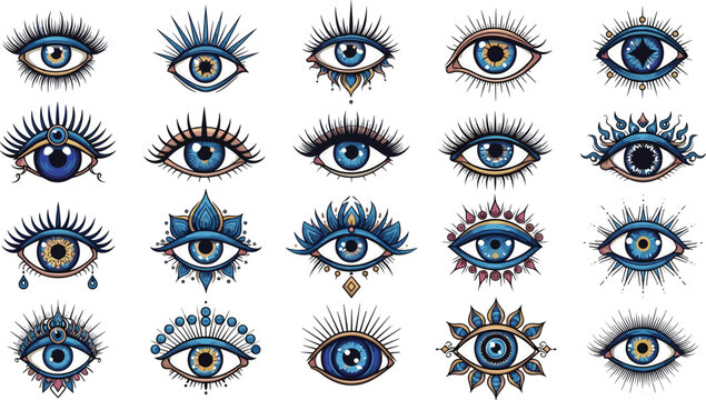 Mystical eye symbols collection decorative evil eye talismans boho spiritual vector illustration set
