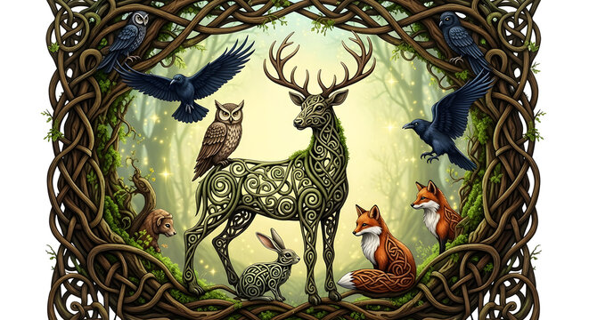 Enchanted Forest Creatures Gathering Around Majestic Stag.