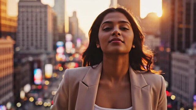Beautiful Woman in Cityscape at Sunset - A Portrait of Confidence and Serenity.
