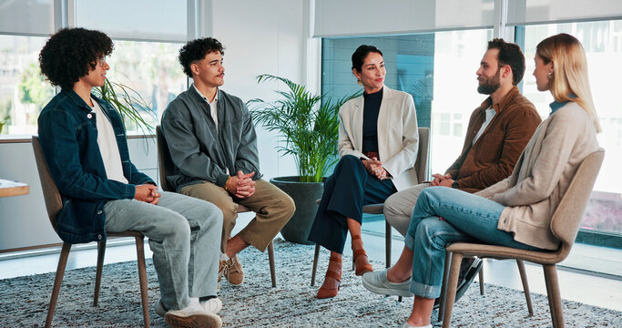 Group therapy, people and listen to story for support, accountability and addiction recovery. Counseling, men and women in circle for healing, alcoholic rehabilitation and smile in community center