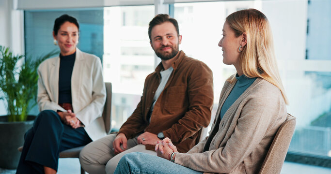 Psychology, woman and happy with talking in group therapy for healing, addiction recovery and support. Rehabilitation, people and member in counseling for relapse prevention, share story and progress