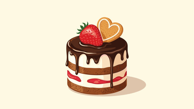 Elegant mini chocolate layer cake topped with dark chocolate ganache, a fresh strawberry, and a sweet heart cookie.
