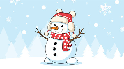 Obraz premium Friendly snowman with a warm winter hat, heart patterned scarf, and branch arms stands in a snowy landscape with white trees.