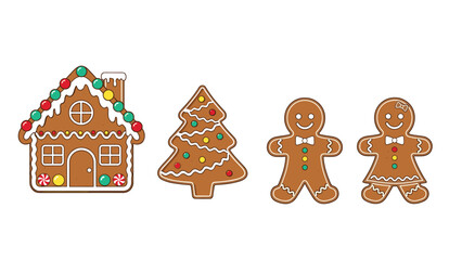 Fototapeta premium Festive gingerbread cookies shaped like a decorated house, Christmas tree, man, and woman for a sweet holiday treat and celebration theme.