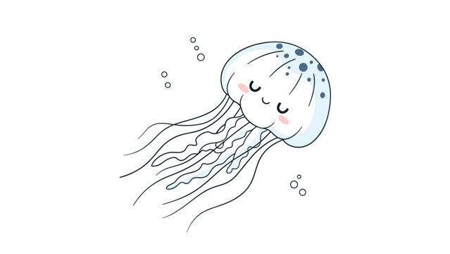 Adorable cartoon jellyfish with a smiling face and long tentacles swimming peacefully in the water with tiny bubbles around it.