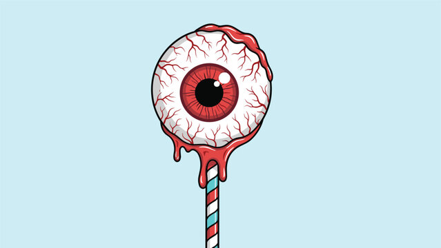 Creepy red bloodshot eyeball lollipop drips with thick blood on a striped stick as a scary treat for a Halloween themed celebration.