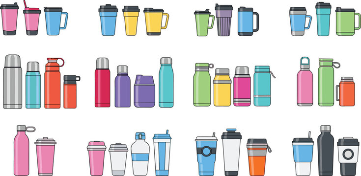 Reusable drink bottles and coffee cups collection with thermos travel mugs and water containers vector illustration set