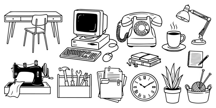 Vintage hand drawn hobby and workspace silhouette set. Retro computer, sewing machine, tools, knitting, office supplies and home equipment isolated