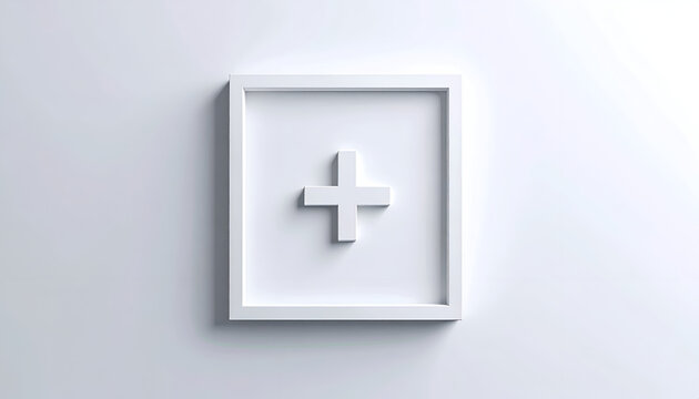 White plus sign inside square frame casts soft shadow on white background