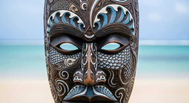 Intricate Maori Carving Face with Blue Eyes on Beach.