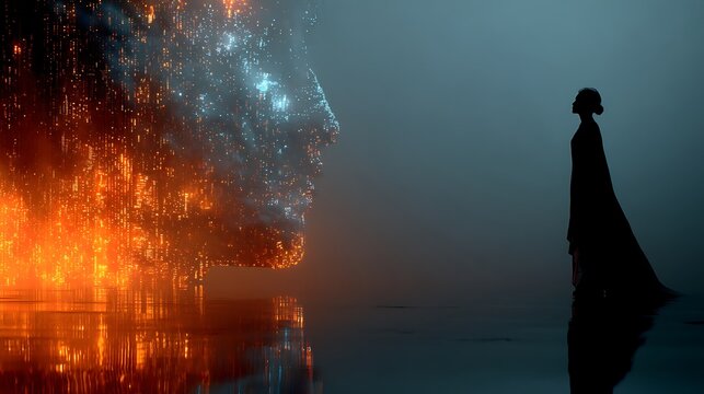 Human silhouette made of binary code pixels technology images