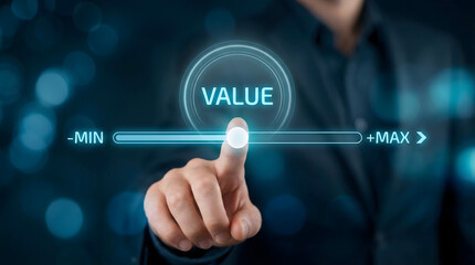 Fototapeta premium Professional hand interacting with a glowing digital value slider on a dark blue futuristic backgrou