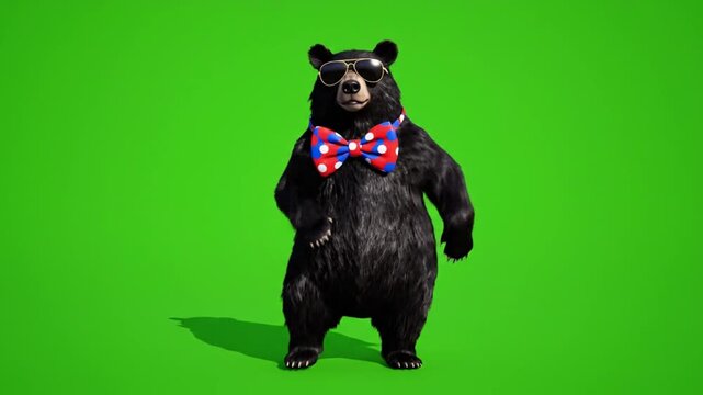 Energetic dancing bear character in realistic 3D wearing stylish sunglasses and a playful bow tie the bear performs lively dance moves with rhythmic body motion and animated paw gestures bright green 