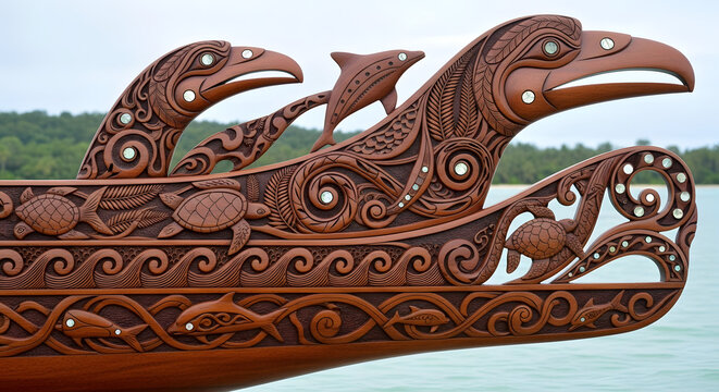 Intricate Maori Carving on a Traditional Waka Canoe.