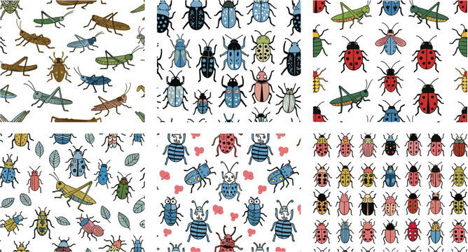 Seamless insect patterns collection with beetles ladybugs grasshoppers and bugs colorful nature backgrounds vector illustration set