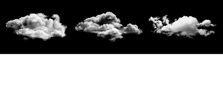 Fluffy white clouds isolated on black and transparent background.