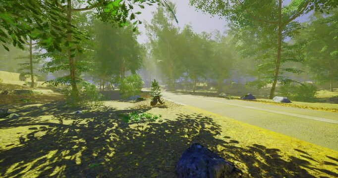 A serene forest pathway winds through vibrant greenery as gentle sunlight filters through the leaves, creating a peaceful atmosphere. Rocks dot the landscape, enhancing the natural beauty.