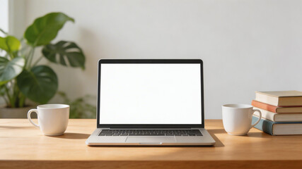 Fototapeta premium Minimalist desk setup with a laptop displaying a blank white screen, two ceramic mugs, a stack of books, and a potted plant on a wooden surface, copy space