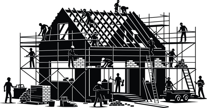 Black silhouette of construction workers building a house on scaffolding with roofers and bricklayers isolated on white background for industrial and real estate design. (24 words)