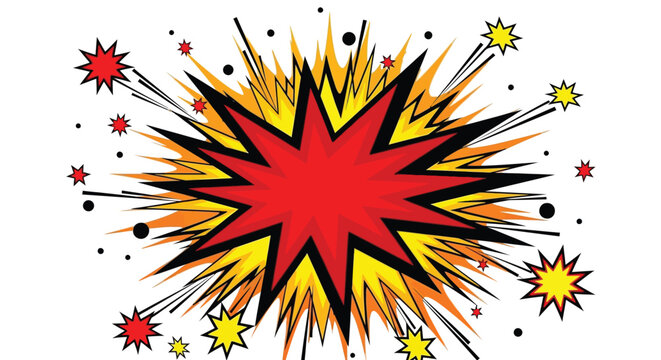 Vibrant comic book style explosion with radiating yellow orange and red starbursts on white background