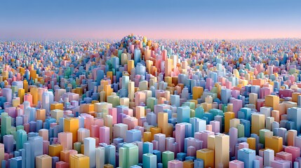 Fototapeta premium Dense urban landscape of pastel colored building blocks forming a large mountainous city