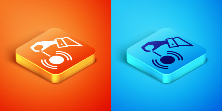 Isometric Hypnosis icon isolated on orange and blue background. Human eye with spiral hypnotic iris. Vector