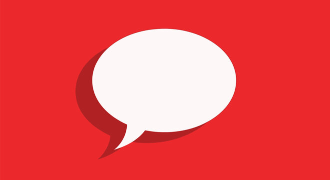 A white speech bubble on a solid red background with a drop shadow effect