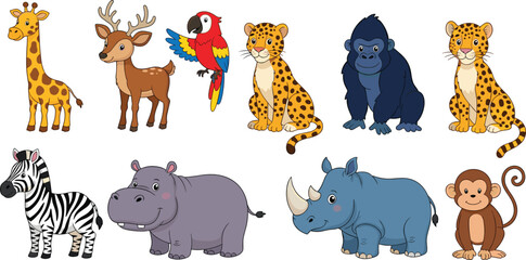 Obraz premium Wild animals collection cartoon giraffe deer parrot leopard gorilla zebra hippo rhino monkey vector illustration set