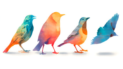 Fototapeta premium Watercolor birds in vibrant flight and standing poses with gradient colors