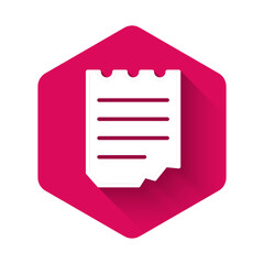 Obraz premium White Notebook icon isolated with long shadow background. Spiral notepad icon. School notebook. Writing pad. Diary for school. Pink hexagon button. Vector