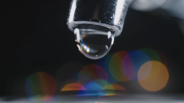 Macro Shot of Water Droplets Falling from a Faucet.