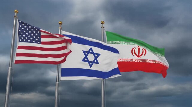 "A symbolic photograph of three national flags flying on flagpoles against a dramatic cloudy sky. From left to right, the flags represent the United States, Israel, and Iran. The American flag feature
