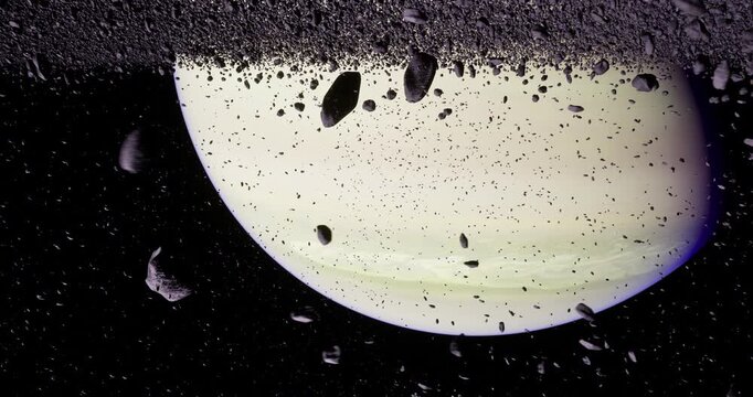 This captivating visual presents a close up view of a planetary surface. Floating asteroids drift above the illuminated sphere, showcasing the beauty of outer space against a dark background.