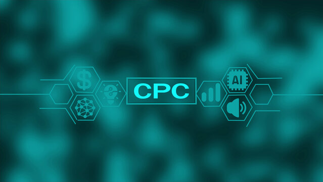 Digital marketing concept with CPC text and for cost per click advertising performance metrics on a blurred teal background with bokeh effects Keywords: CPC, cost, per