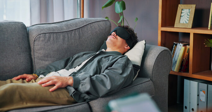 Counselor, therapy and man with blindfold, memory technique and session for recovery or support. Consultation, psychologist and patient with sensory depravation for mental health, check up and help