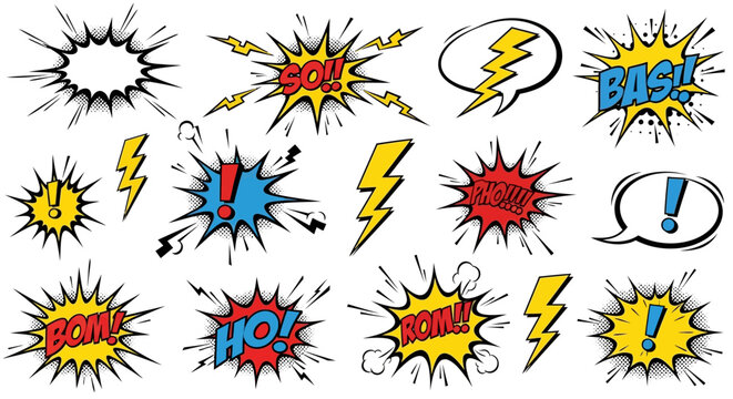Comic Book Sound Effects Explosions and Speech Bubbles, Retro Style