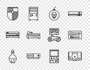 Set line Bottle with magic elixir, Video game console, Bomb ready to explode, Shield for, Retro arcade machine and Create account screen icon. Vector © vector_v