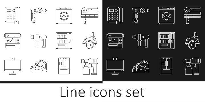 Set line Paint spray gun, Electric circular saw, Washer, drill machine, Sewing, Telephone, Vending and icon. Vector