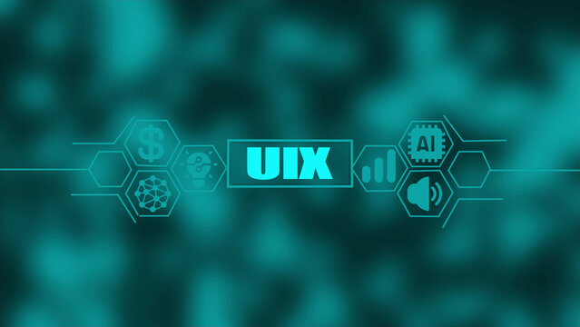 UIX acronym with technology including dollar sign lightbulb network AI and speaker on a blurred teal abstract background representing digital innovation and user experience